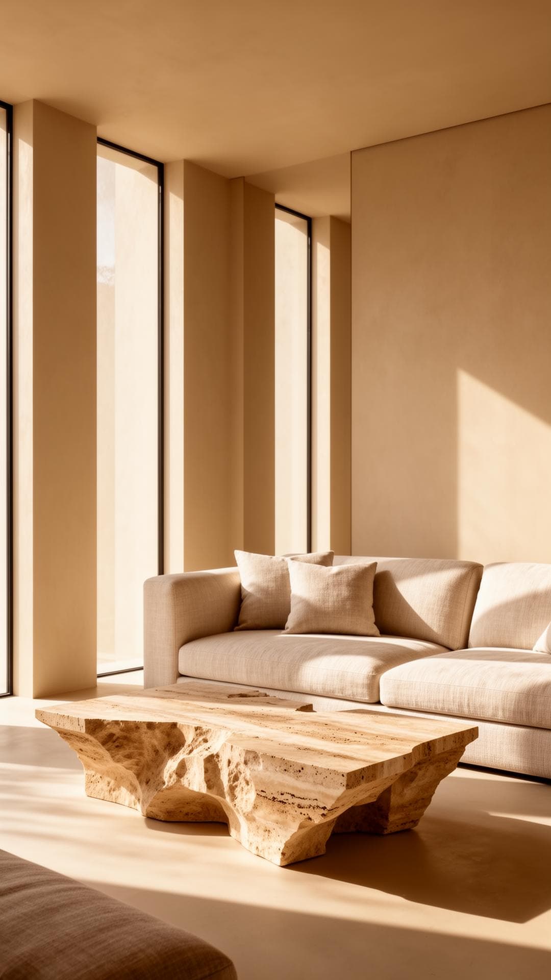Minimalist interior with travertine table and linen sofa